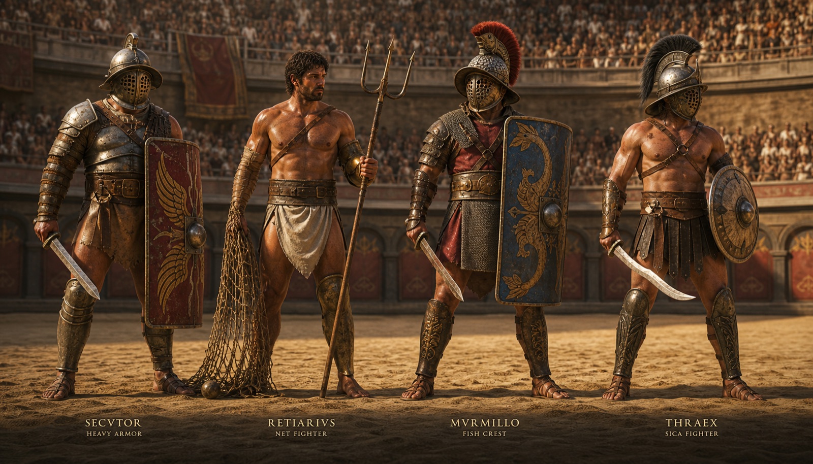 Cztery typy gladiatorów: Secutor, Retiarius, Murmillo, Thraex