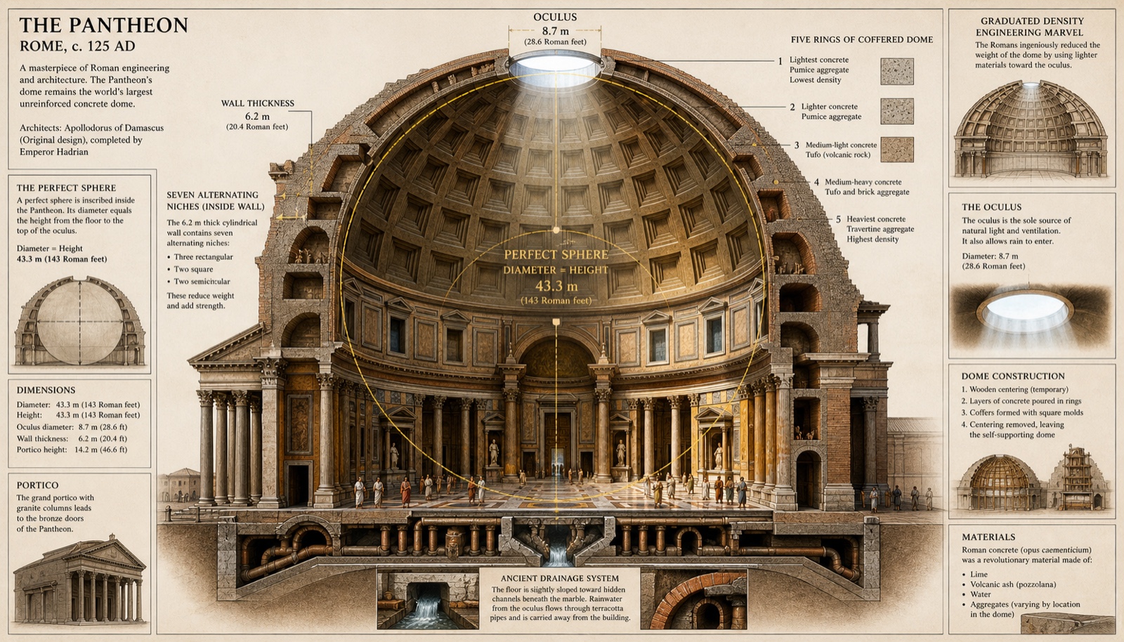 Przekrój architektoniczny Panteonu — idealna sfera