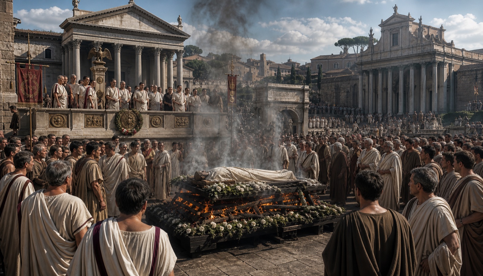 Stos pogrzebowy Juliusza Cezara na Forum Romanum — 44 p.n.e.