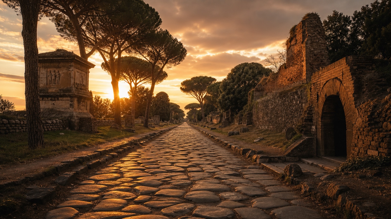 Via Appia Antica — droga do Katakumb Świętego Kaliksta o zachodzie słońca