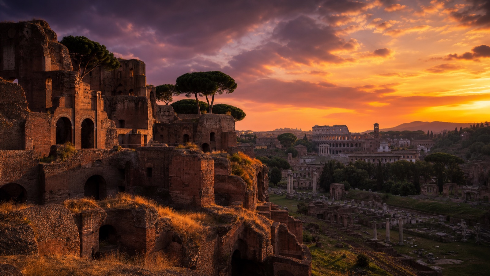 Palatyn o zachodzie słońca — ruiny pałaców cesarskich nad Forum Romanum