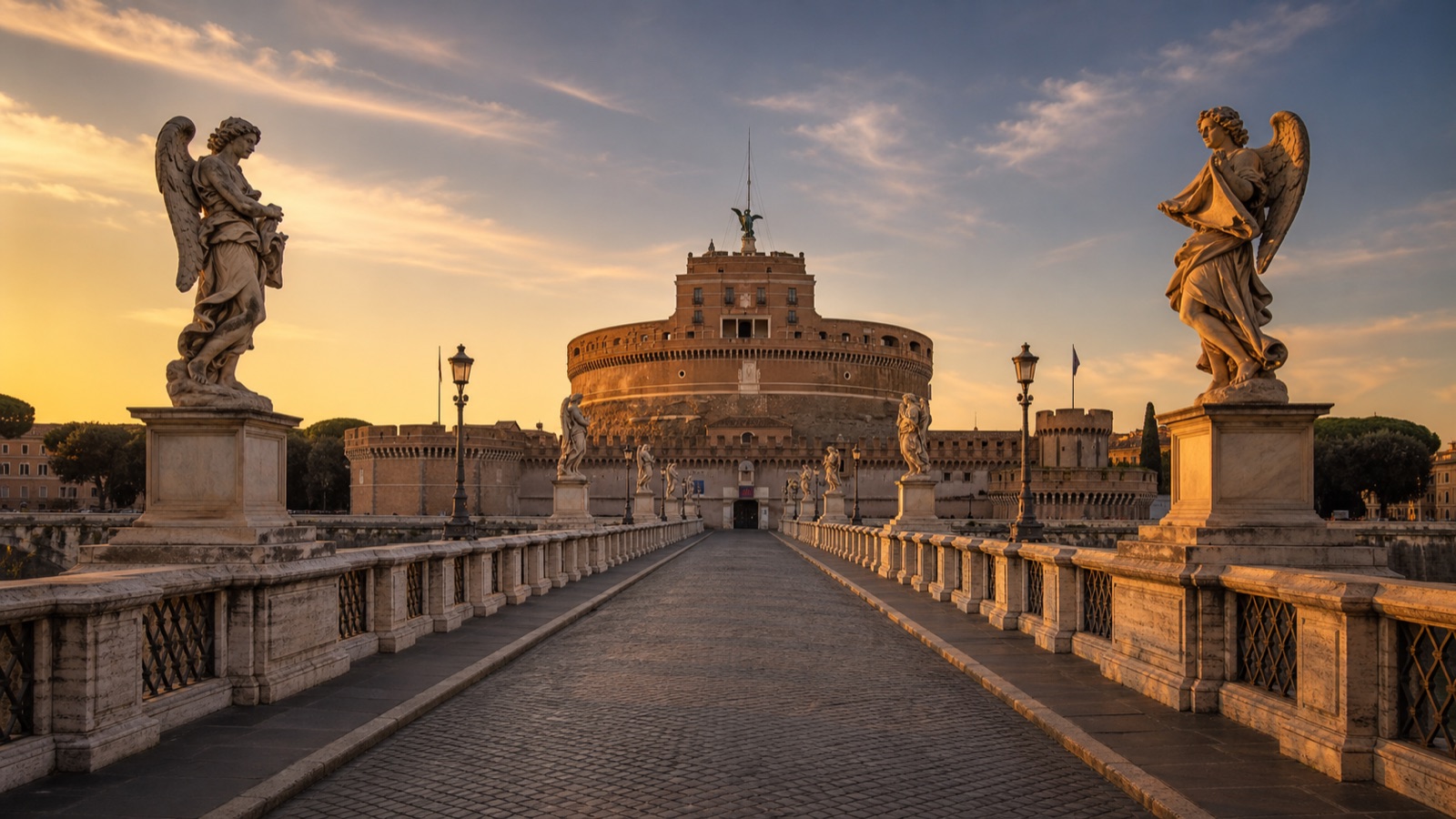 Ponte Sant'Angelo — most aniołów Berniniego z Zamkiem Świętego Anioła w tle
